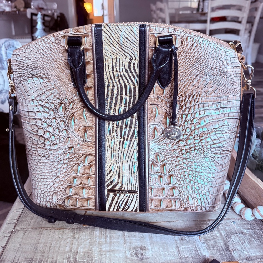 Brahmin Tan and Black Crocodile-Embossed Shoulder Bag - Picture 1 of 7